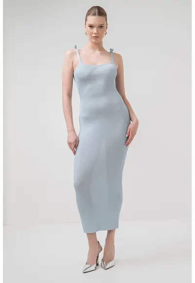 Rochie maxi cambrata cu aspect striat Porto - Albastru pastel