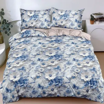 Lenjerie Pat Dublu Cu Elastic Bumbac Satinat - 3 Bucati 219 Lei - Albastru Floricele
