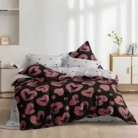 Lenjerie pat dublu bumbac satinat - 3 Bucati 219 Lei - Negru Rosu inimioare
