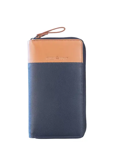 Portofel piele naturala bleumarin - bej 19.5 x 11 x 2 cm - Duett