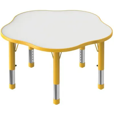 Masa pentagonala, 90 cm diametru, galbena, din plastic, reglabila, marimea 0-3 pentru gradinita