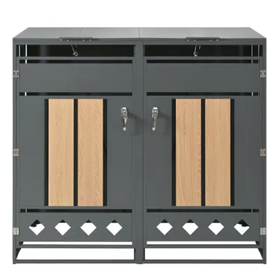 Cutie pentru pubele cu capac rabatabil hidraulic, uși cu încuietoare și două compartimente, 132x80x118,5 cm, Gri+Culoare naturală