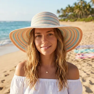 Pălărie de plajă damă Tiara, multicolor pastel (albastru, bej, piersică), boruri foarte largi, ușoară și respirabilă, protecție solară, diametru 45 cm