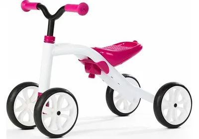 Bicicletă roz cu 4 roți, fără pedale și reglabilă pe înălțime