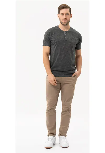 Tricou pentru barbati T-Warren grafit cu gat cu nasturi - Gri grafit
