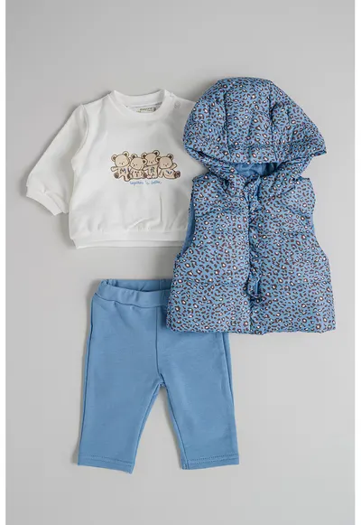 Set de bluza - pantaloni si vesta cu model - 3 piese - Alb fildes/Maro/Albastru lavanda