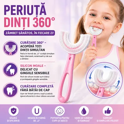 Periuta de dinti pentru copii, 2-7 ani, in forma de U, din silicon, periaj si curatare gingii 360, Roz