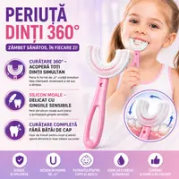 Periuta de dinti pentru copii, 2-7 ani, in forma de U, din silicon, periaj si curatare gingii 360, Roz