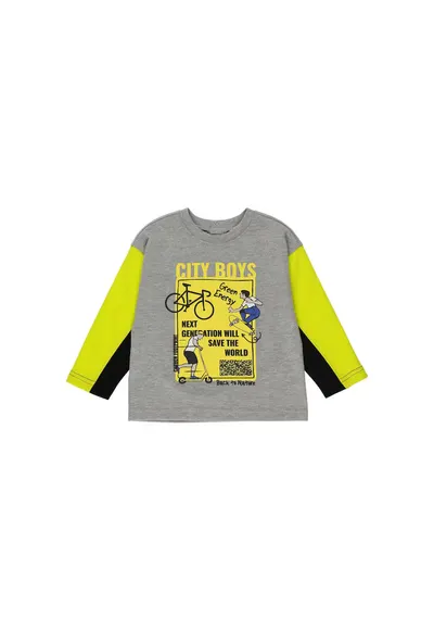 Bluza subtire cu maneca lunga imprimata - City Boys - Gri cu maneci Galbene - pentru baietei - 56/62