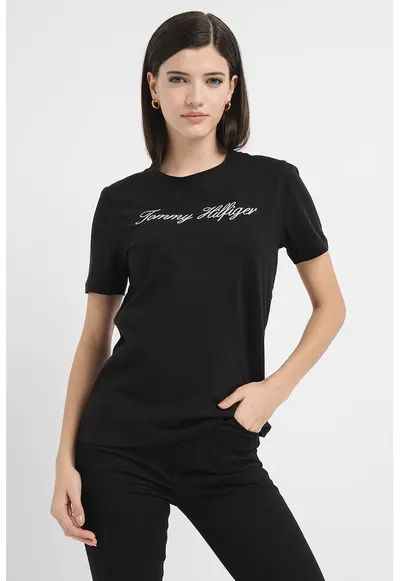 Tricou de bumbac organic cu broderie logo - Alb/Negru