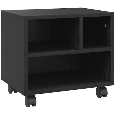 HOMCOM Suport Imprimantă pe 2 Niveluri cu Depozitare, Cărucior Imprimantă pe Roți cu 3 Compartimente, 40x30x36 cm, Negru | Aosom Romania
