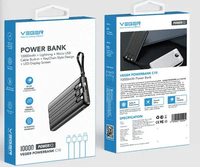 Power Bank En-gros VEGER C10 – 10000mAh, Cabluri Integrate 4 în 1, Display LED