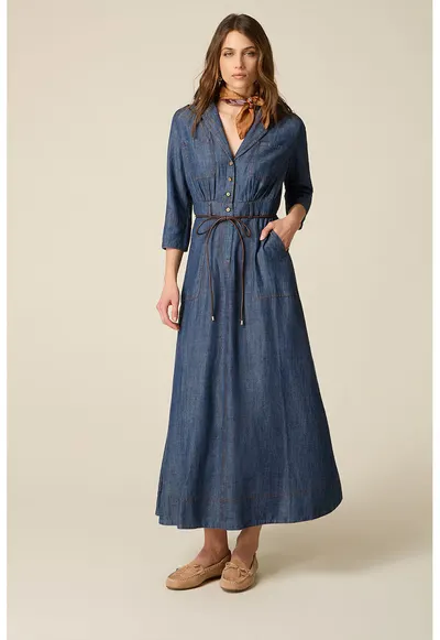 Rochie din denim - lyocell si in cu buzunare laterale - Bleumarin