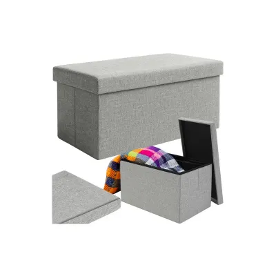Taburet cu spatiu de depozitare, pentru 2 persoane, pliabil, capacitate 110 L, MDF/poliester buretat, gri