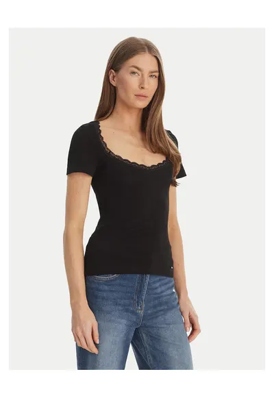 Tricou dama - slim fit - negru - 54% bumbac - 43% viscoza - 3% elastan