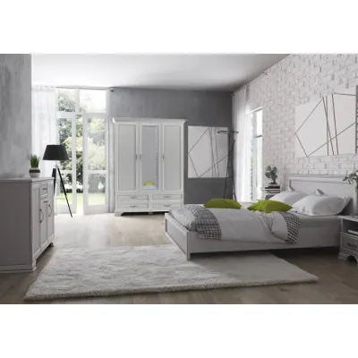 Set dormitor TIFFANY II, 5 piese, pat 160x200 cm, dulap 3 usi si 4 sertare, comoda, 2 noptiere, crem fineline