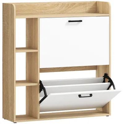 HOMCOM Dulap Slim pentru Pantofi cu 2 Sertare Rabatabile și 3 Compartimente, Capacitate 15 Perechi, 83x24x90,5 cm, Lemn și Alb | Aosom Romania