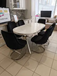 Set Marbella masă fixa tip marmură + 6 scaune catifea neagră