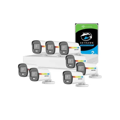Sistem supraveghere exterior cu HDD 2 TB HikVision, 8 camere, 2 MP, lumina alba 20 m, 2.8 mm, microfon