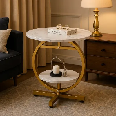 RESIGILAT - Masuta de cafea rotunda cu design tip marmura, 2 nivele de depozitare