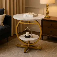 RESIGILAT - Masuta de cafea rotunda cu design tip marmura, 2 nivele de depozitare