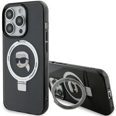 Husa MagSafe pentru Apple iPhone 15 Pro, Karl Lagerfeld, Ring Stand Karl's Head, Neagra