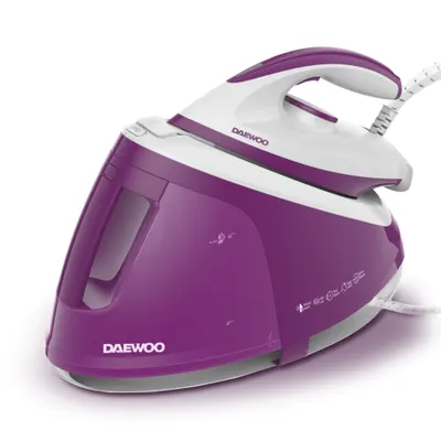 Statie de calcat cu cu aburi Daewoo, 2400W, rezervor 1800 ml, talpa ceramica, jet abur 240 g/min, debit abur continuu:120 g/min, abur vertical, sistem anti-calcar, mod Eco, oprire automata, Violet