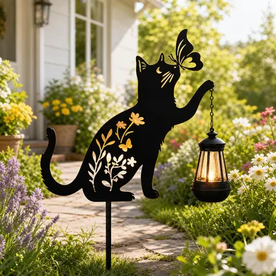 Lampa solara de gradina, decoratiune metalica, Pisica