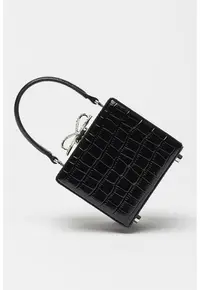 Geanta minaudiere din piele cu funda cu cristale - Negru