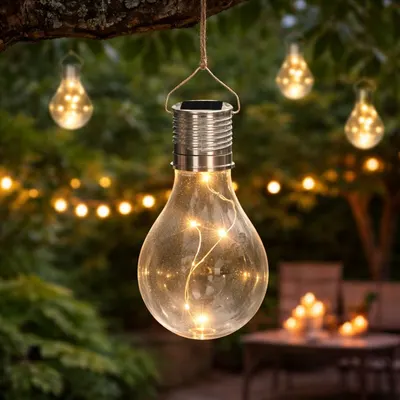 Lampă solară în formă de bec transparent, LED, pentru grădină, terasă și exterior