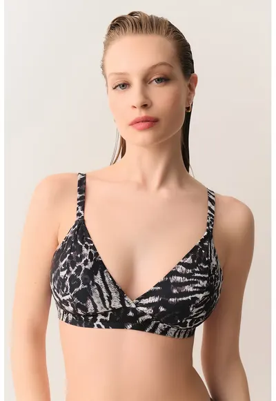 Sutien cu cupe triunghiulare si model animal print - Alb/Negru/Violet prafuit