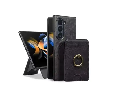 Husa Premium Samsung Galaxy Z Fold 4, Piele Ecologica, Suport Card Detasabil si Inel Rotativ, Negru Engros