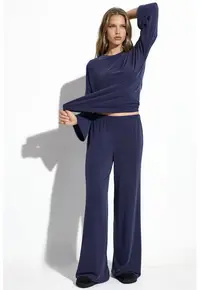 Pantaloni dama - casual - talie elastica - albastru marin - modal