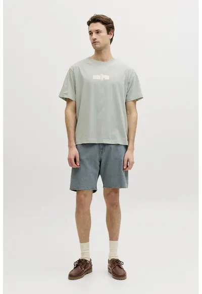 Tricou din bumbac cu decolteu la baza gatului si imprimeu - Bej/Gri cenusiu