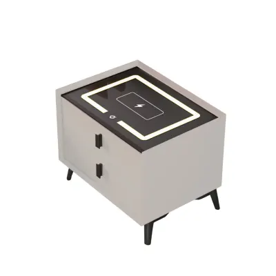Noptiera inteligenta cu incarcare wireless si iluminare LED – culoare alb, 2 Sertare, design modern din sticla si lemn