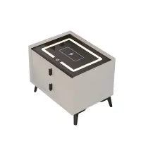 Noptiera inteligenta cu incarcare wireless si iluminare LED – culoare alb, 2 Sertare, design modern din sticla si lemn