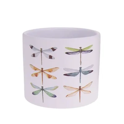 Ghiveci decorativ ceramic, alb cu ilustrații cu libelule, pentru plante și flori, design modern 13.5x12.5 cm