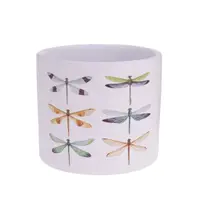 Ghiveci decorativ ceramic, alb cu ilustrații cu libelule, pentru plante și flori, design modern 13.5x12.5 cm