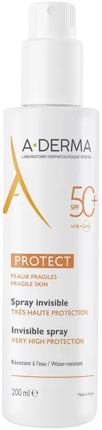 A-Derma Protect Spray de protecție solară invizibil pentru față și corp, SPF50+, 200 ml