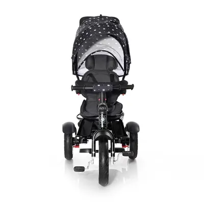 Tricicleta pentru copii Lorelli Neo Air Black Crowns 4 in 1 multifunctionala, roti mari gonflabile, spatar inalt reglabil, sezut rotativ, 2 tipuri de suport pentru picioare si dispozitiv de franare