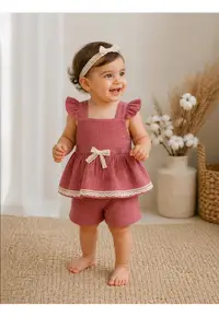 Set bebe fete 2 piese muselina premium bluza cu volane si pantaloni scurti roz pudra