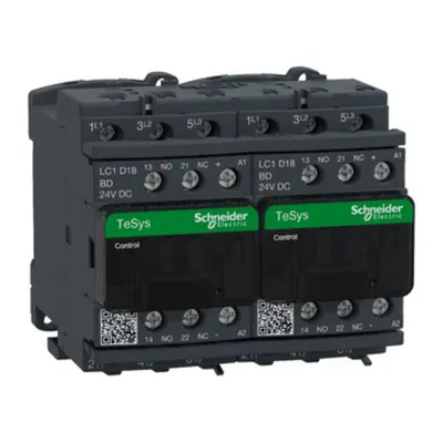 Contactor inversor, TeSys Deca, 3P(3NO), AC-3, <=440V, 18A, bobina 24V CC, cu interblocare electrica, terminale cu surub