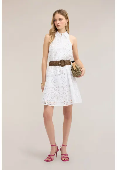 Rochie din dantela cu guler inalt si perforatii - Alb optic