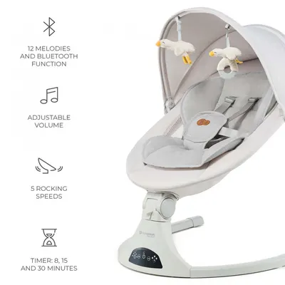 Baloansoar electric pentru copii Kinderkraft Tulsy Beige cu telecomanda, reglare spatar, plasa de tantari, jucarii, functii Bluetooth si USB
