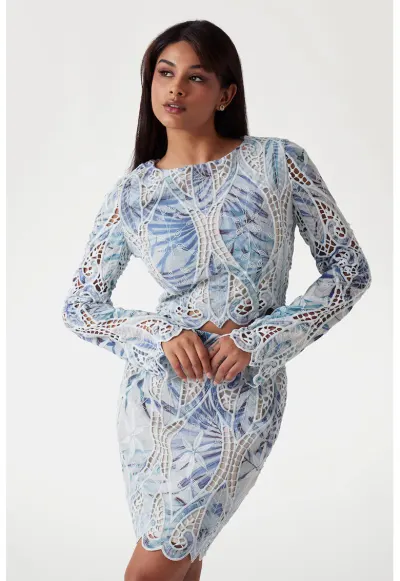 Bluza cu decupaje - Alb/Maro cognac/Albastru lavanda