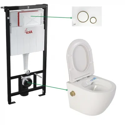 Set vas wc alb cu functie bideu si baterie auriu mat Foglia Oslo, rezervor incastrat si clapeta alba cu detalii aurii, Alcadrain