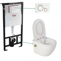 Set vas wc alb cu functie bideu si baterie auriu mat Foglia Oslo, rezervor incastrat si clapeta alba cu detalii aurii, Alcadrain