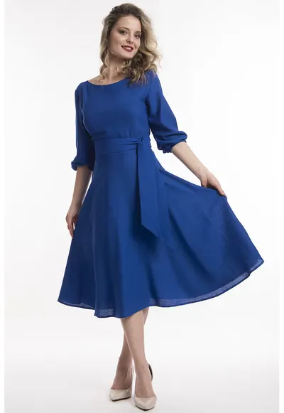 Rochie midi de in cu cordon - Albastru royal