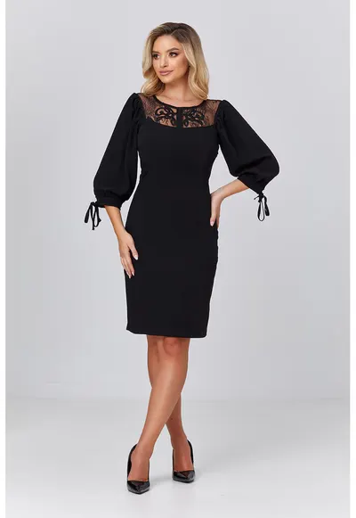 Rochie cambrata cu segment din dantela - Negru