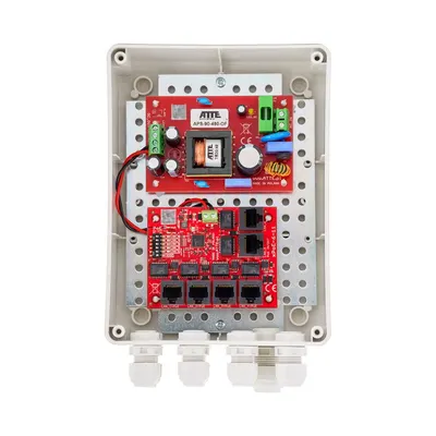 Kit switch PoE pentru 5 camere IP ATTE Power IP-5-11-M2, 6 porturi, 96 W, cutie exterior ABOX-M2, long range, sigurante electronice, sursa alimentare